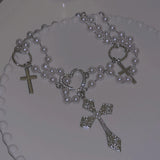 Sweet Cross Pendant Necklace Girls Love Heart Beads Choker Necklace