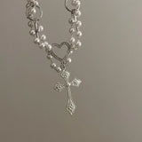 Sweet Cross Pendant Necklace Girls Love Heart Beads Choker Necklace