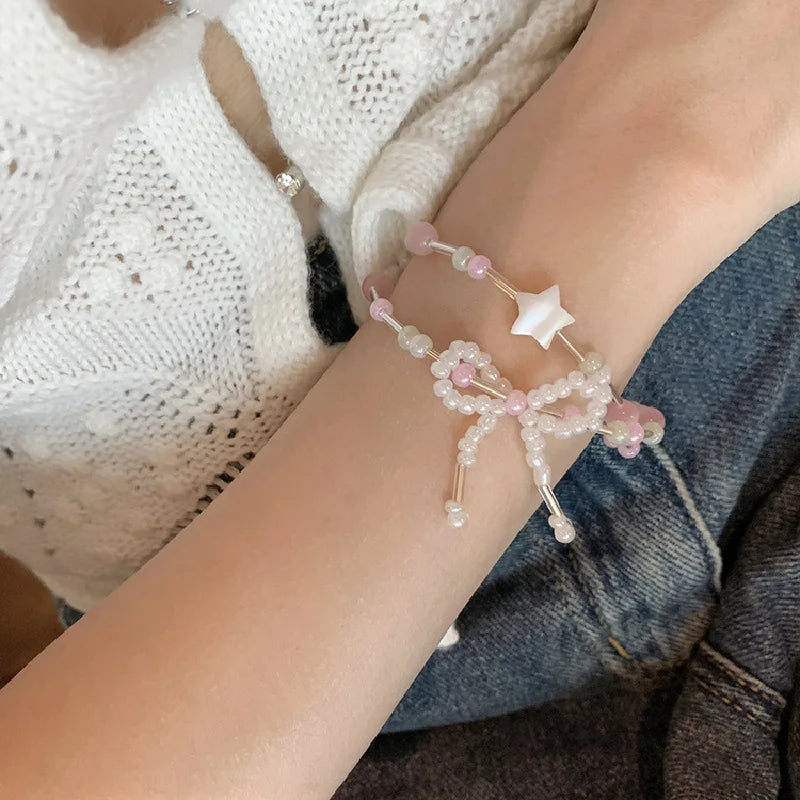 Y2K Crystal Star Bow Pearl Bracelet Sweet Charm Jewelry
