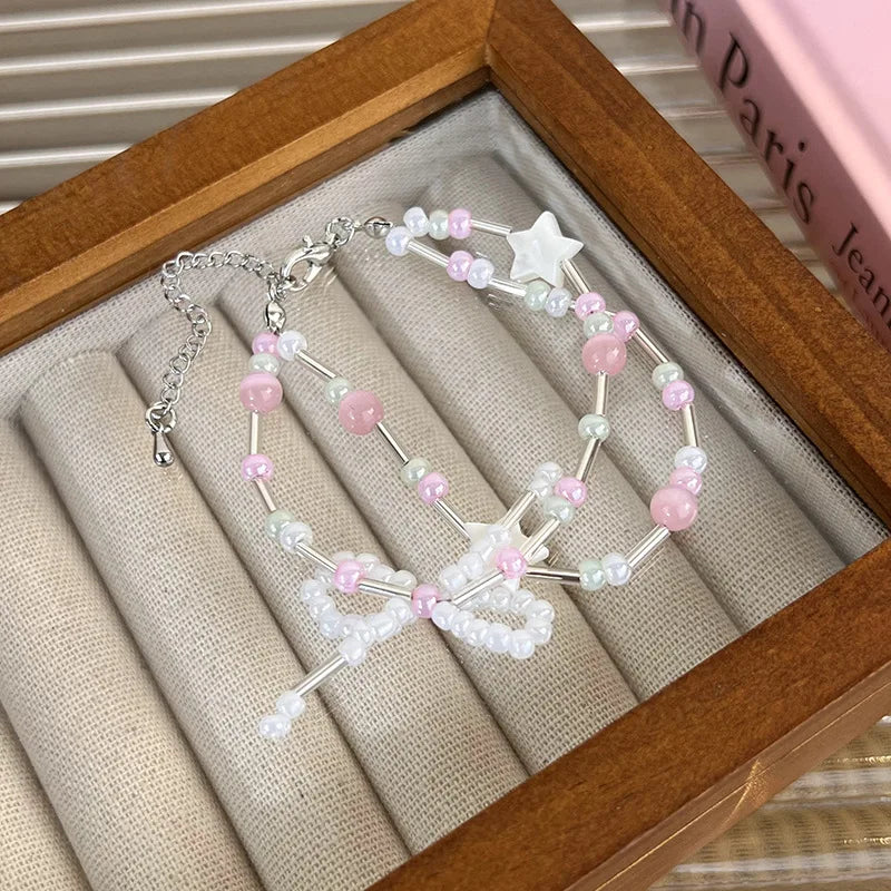 Y2K Crystal Star Bow Pearl Bracelet Sweet Charm Jewelry