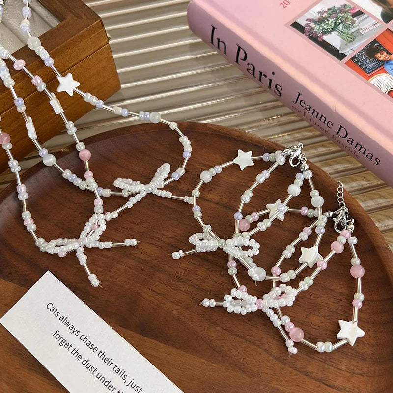 Y2K Crystal Star Bow Pearl Bracelet Sweet Charm Jewelry