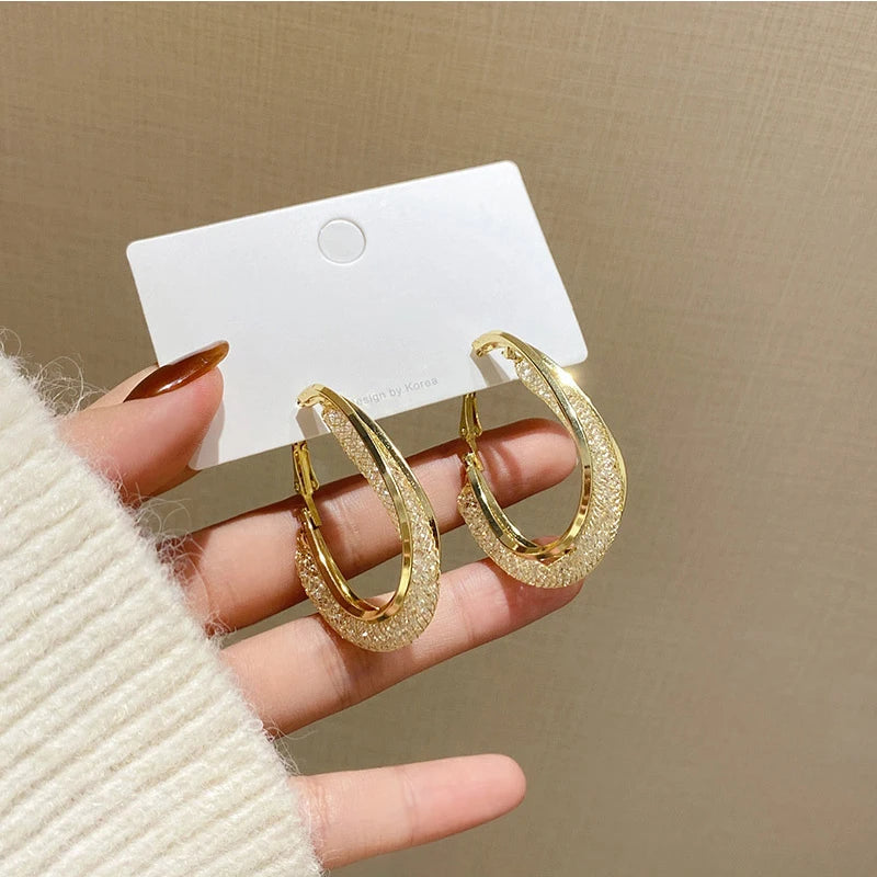 Metal Mesh Crystal Hoop Earrings Women Jewelry Geometric Grid Big Circle