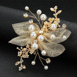 Golden Mesh Flower Hair Clip Pearl Rhinestone Bridal Wedding Hair Accessories