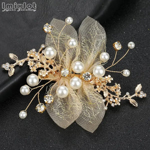 Golden Mesh Flower Hair Clip Pearl Rhinestone Bridal Wedding Hair Accessories