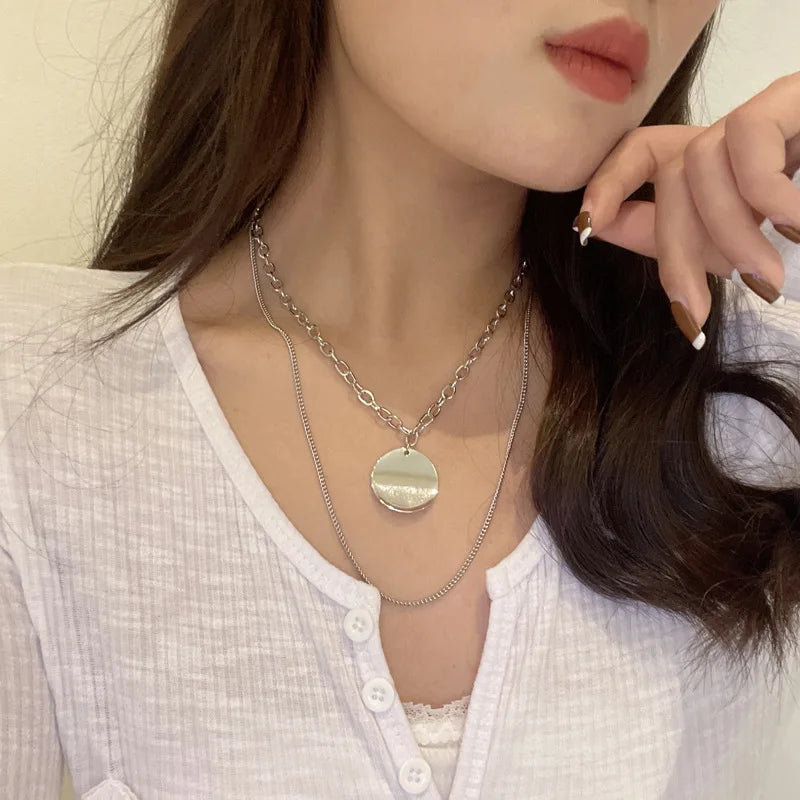 Hip Hop Geometric Disc Pendant Necklace Set