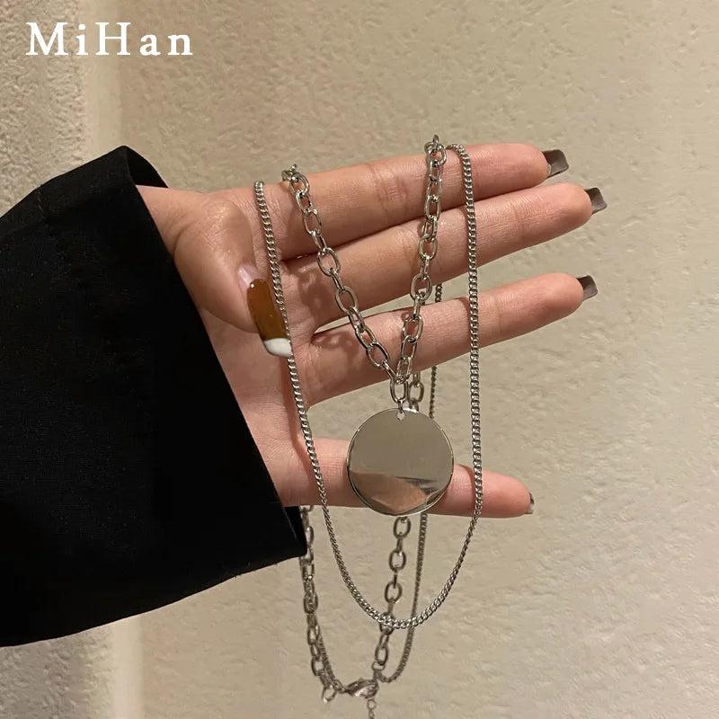 Hip Hop Geometric Disc Pendant Necklace Set