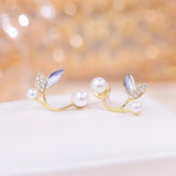 Hot Pearl Leaf Women Earring 14K Real Shine CZ Zirconia Stud Earrings Wedding
