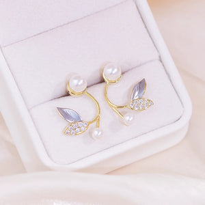 Hot Pearl Leaf Women Earring 14K Real Shine CZ Zirconia Stud Earrings Wedding