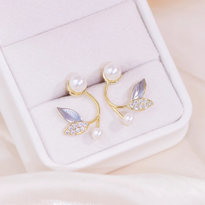 Hot Pearl Leaf Women Earring 14K Real Shine CZ Zirconia Stud Earrings Wedding