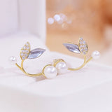Hot Pearl Leaf Women Earring 14K Real Shine CZ Zirconia Stud Earrings Wedding