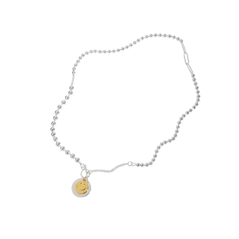 Joker Smiley Face Round OT Buckle S925 Sterling Silver Necklace Female