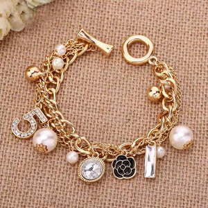 Multilayer Pearl Bracelet Flower Number 5 Pendant Jewelry