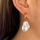 Irregular Pearl Hoop Earrings Stainless Steel Huggie Earring