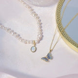 Irregular Pearl Opal Necklace 14K Butterfly Clavicle Chain Choker