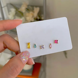 Kpop Crystal CZ Stud Earrings Set 5 pcs Rainbow Colorful Women Teens Gift