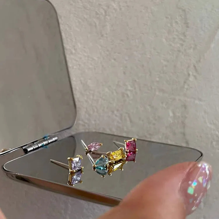 Kpop Crystal CZ Stud Earrings Set 5 pcs Rainbow Colorful Women Teens Gift