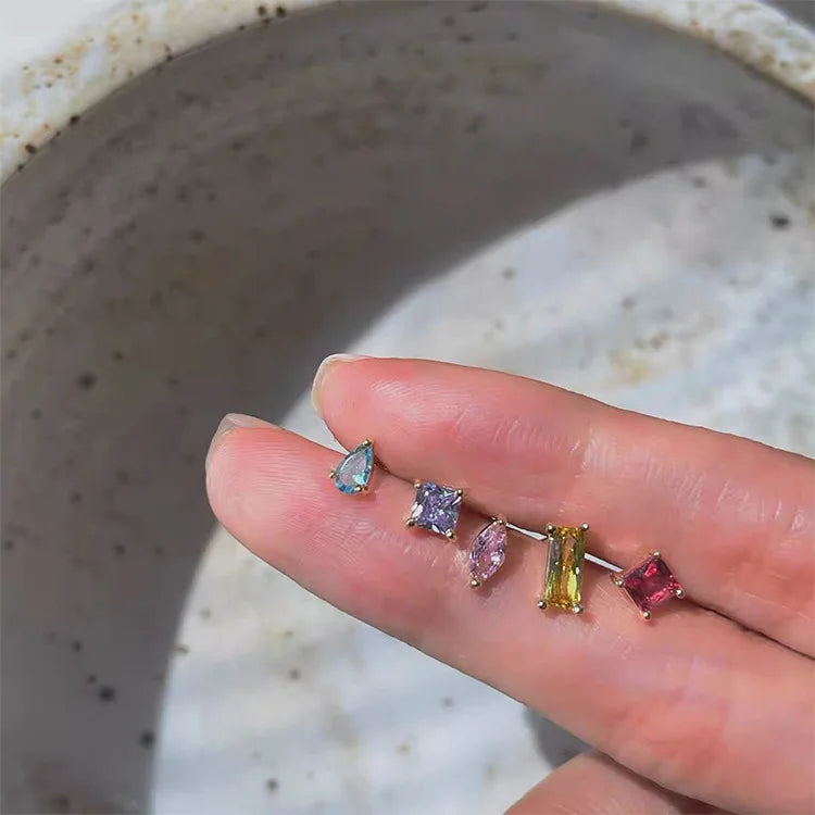 Kpop Crystal CZ Stud Earrings Set 5 pcs Rainbow Colorful Women Teens Gift