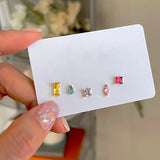 Kpop Crystal CZ Stud Earrings Set 5 pcs Rainbow Colorful Women Teens Gift