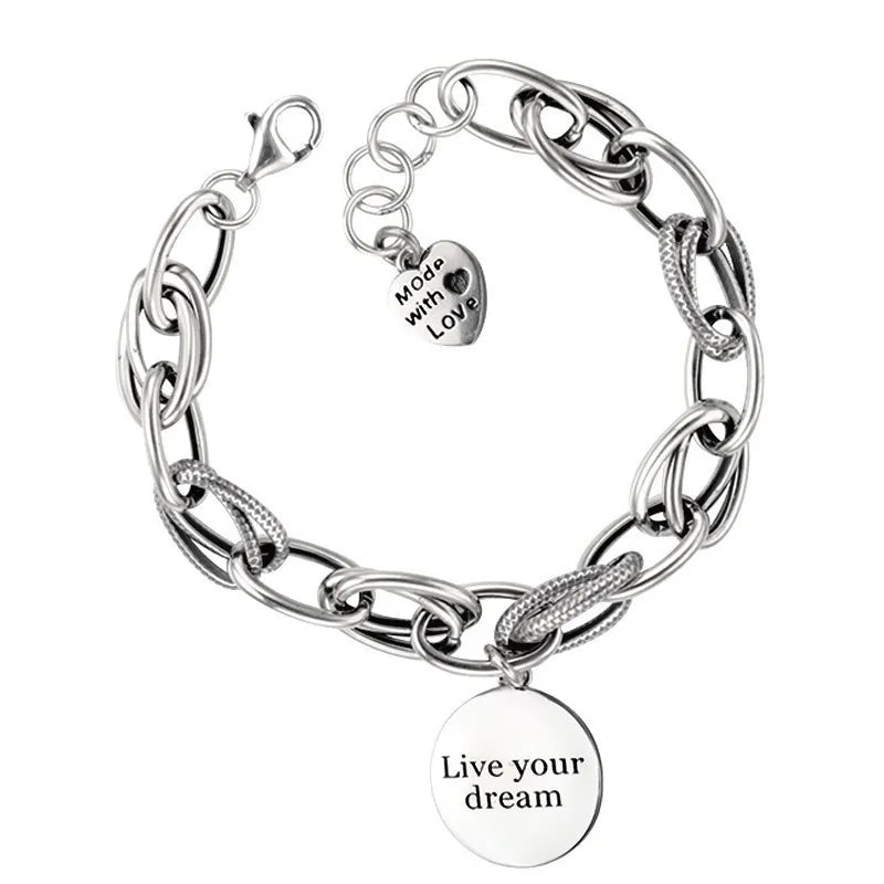 Love Pendant Bracelet Retro Thai Silver Thick Chain Round Letter Bracelet