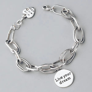 Love Pendant Bracelet Retro Thai Silver Thick Chain Round Letter Bracelet