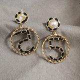 Big Letter Five V Shape Circle Pearl Earrings For Women