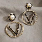 Big Letter Five V Shape Circle Pearl Earrings For Women