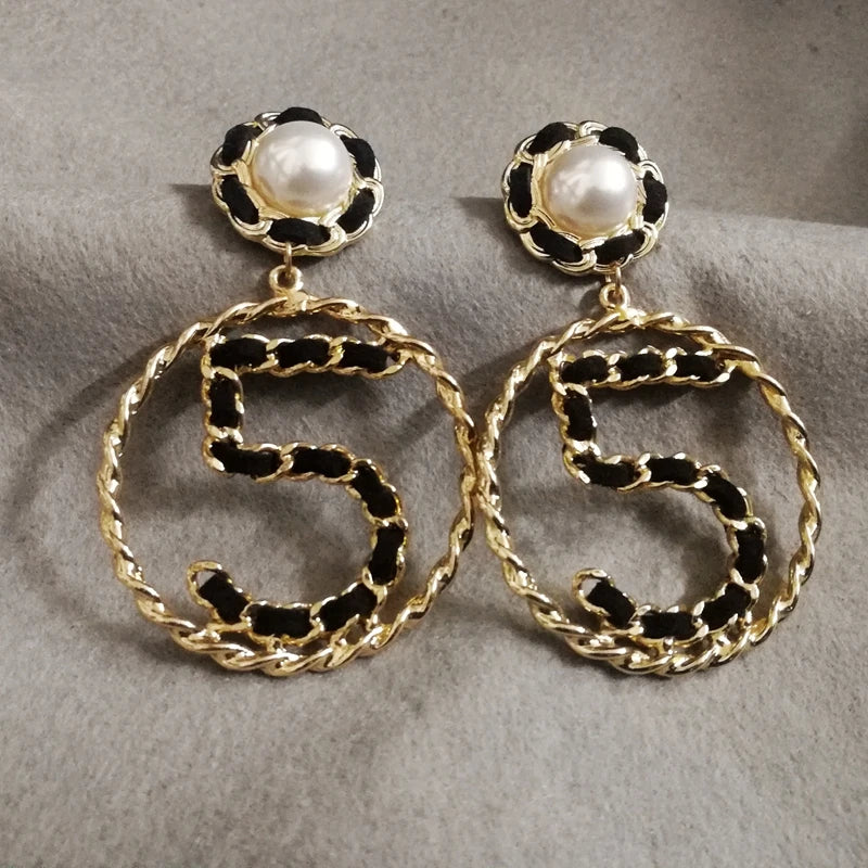Big Letter Five V Shape Circle Pearl Earrings For Women