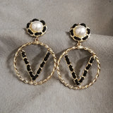 Big Letter Five V Shape Circle Pearl Earrings For Women