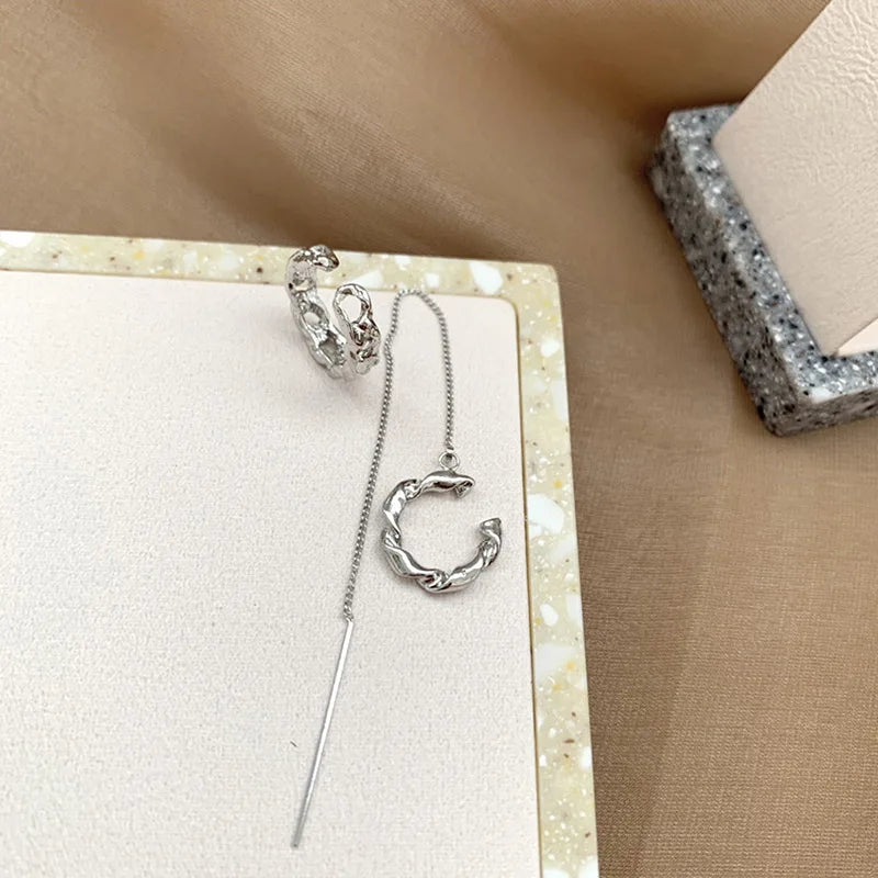 Minimalist Tassel Clip Earrings Twist Ring No Piercing Silver Ear Clips