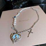 925 Silver Cross Heart Necklace with Irregular Pearl Pendant
