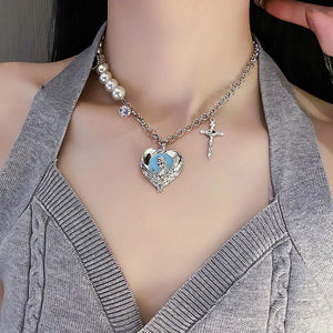 925 Silver Cross Heart Necklace with Irregular Pearl Pendant