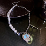 925 Silver Cross Heart Necklace with Irregular Pearl Pendant