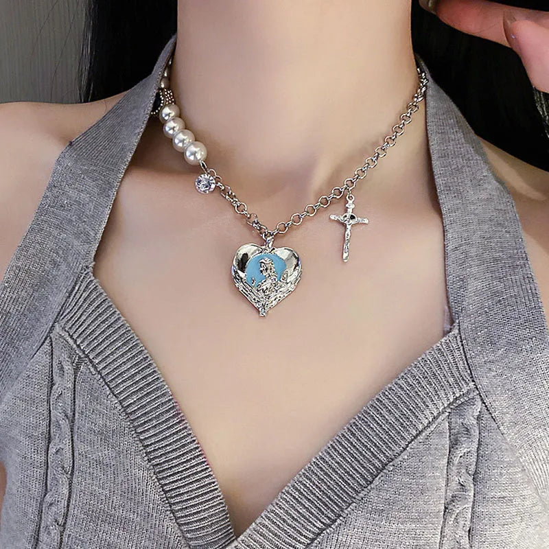 925 Silver Cross Heart Necklace with Irregular Pearl Pendant