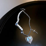 925 Silver Cross Heart Necklace with Irregular Pearl Pendant