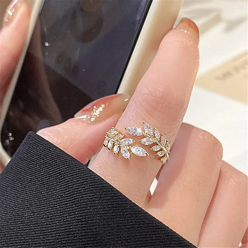 Crystal Leaf Ring Zircon Opening Ring Banquet Jewelry