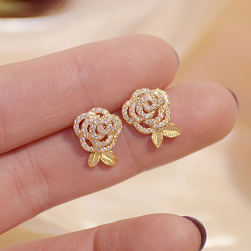 AAA CZ Women Rose Stud Earring Wedding Jewelry Pendant