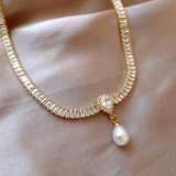 14K Plated Square Zircon Pearl Drop Necklace Women's Wedding