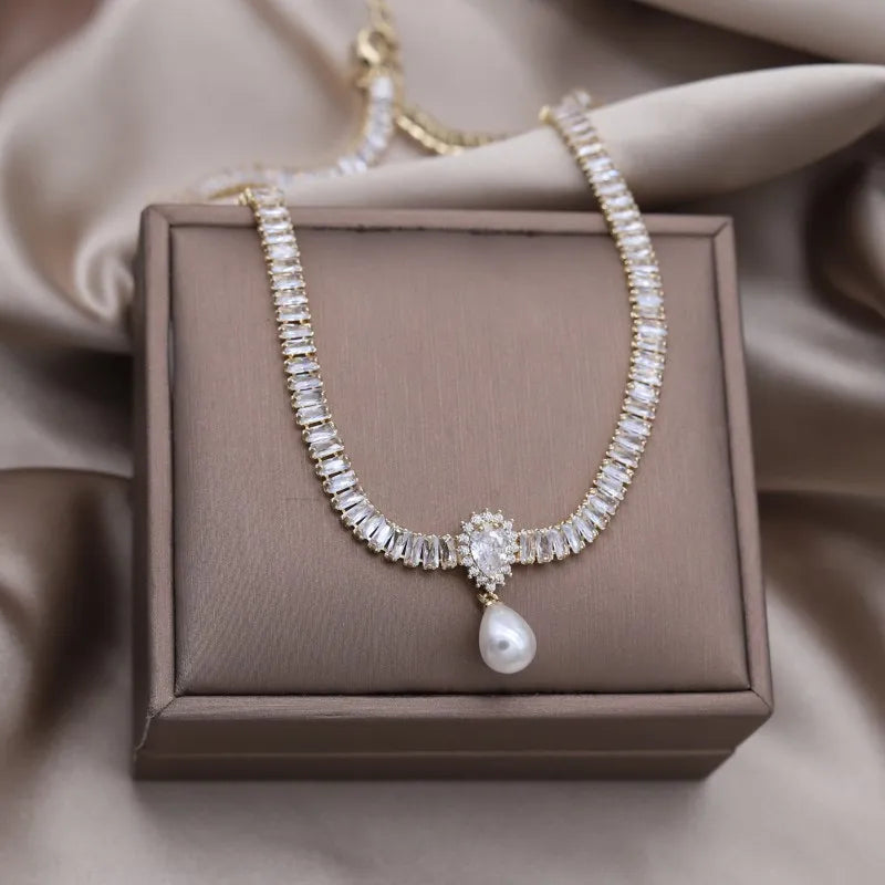 14K Plated Square Zircon Pearl Drop Necklace Women's Wedding