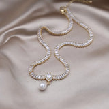 14K Plated Square Zircon Pearl Drop Necklace Women's Wedding