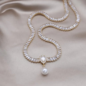 14K Plated Square Zircon Pearl Drop Necklace Women's Wedding