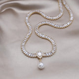 14K Plated Square Zircon Pearl Drop Necklace Women's Wedding
