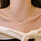 14K Plated Square Zircon Pearl Drop Necklace Women's Wedding