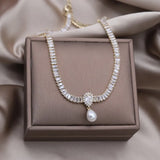 14K Plated Square Zircon Pearl Drop Necklace Women's Wedding