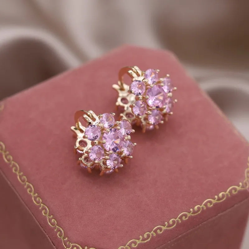 14K Plated Purple Flower Zircon Earrings Women's Party Accessories