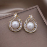 14K Plated Copper Zircon Drop Pearl Earrings Evening Accessories
