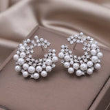 Delicate Copper Set Zircon Pearl Moon Earrings