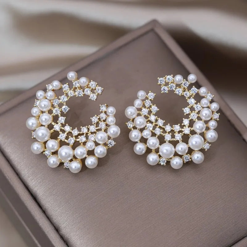 Delicate Copper Set Zircon Pearl Moon Earrings