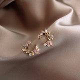 Copper Inlay Zircon Flower Leaf Earrings