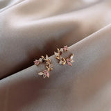 Copper Inlay Zircon Flower Leaf Earrings