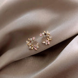 Copper Inlay Zircon Flower Leaf Earrings